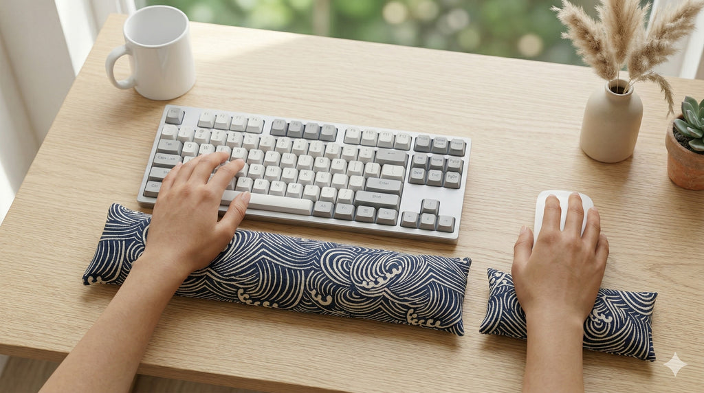 Hands on a keyboard and mouse resting on the indigo wave print wrist rests