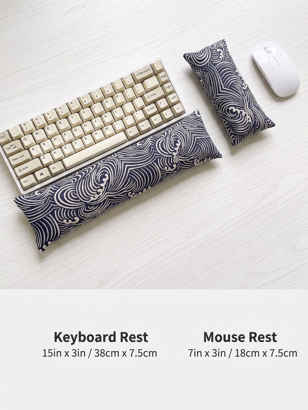 Japanese wave keyboard rest, 15 × 3 in, and mouse rest, 7 × 3 in, next to a keyboard and mouse