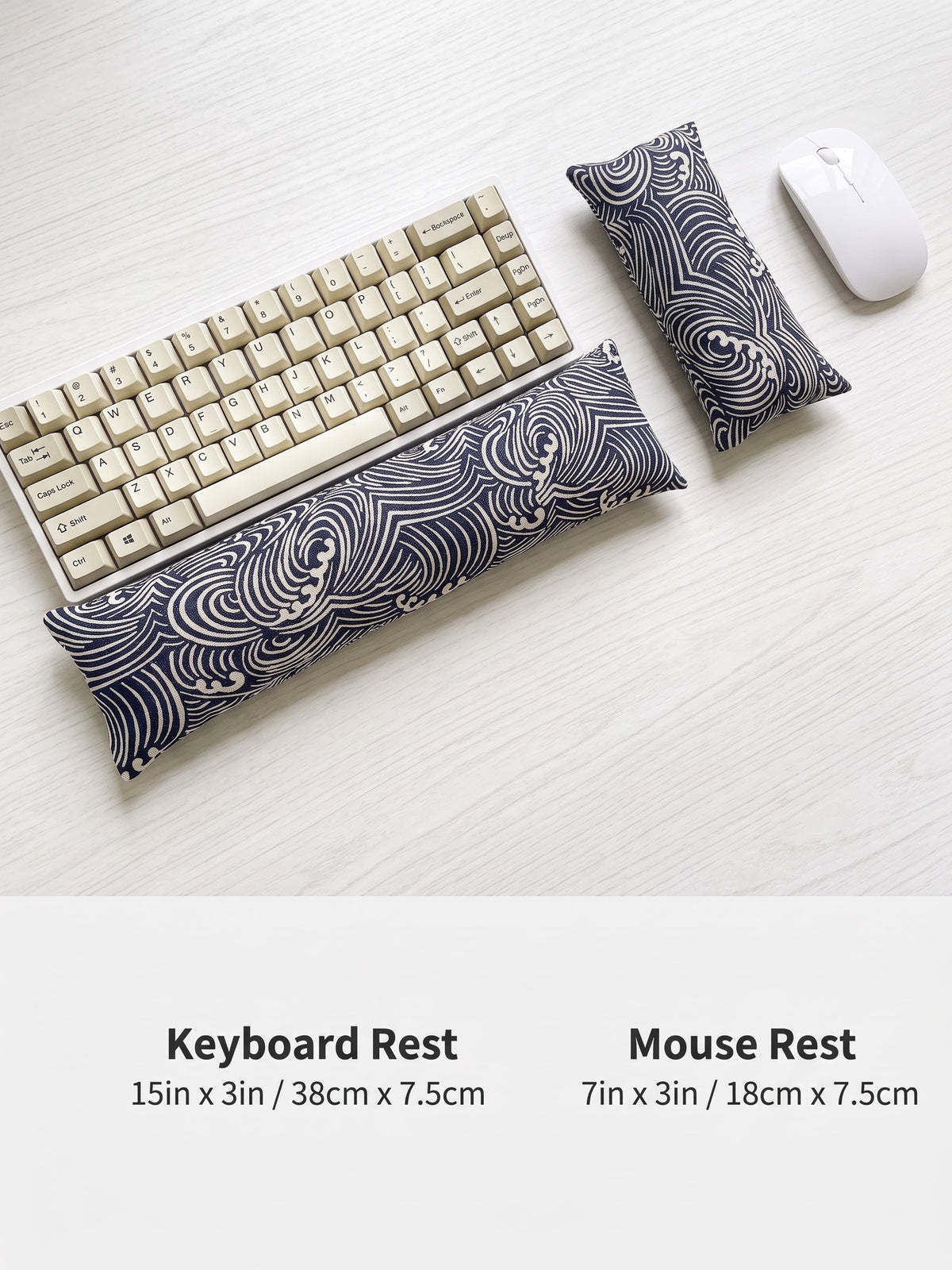 Japanese wave keyboard rest, 15 × 3 in, and mouse rest, 7 × 3 in, next to a keyboard and mouse