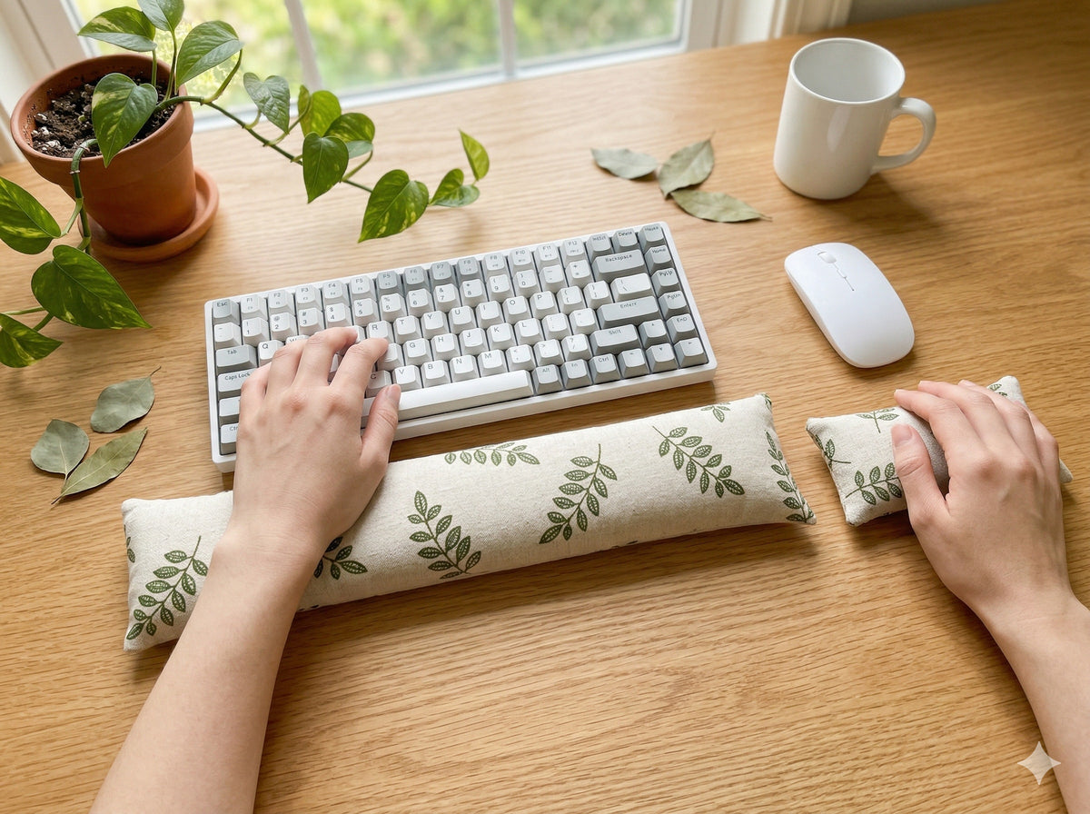 Hands typing on a keyboard above the leaf print wrist rest, with the matching mouse rest