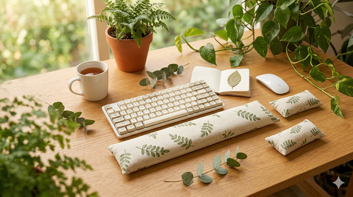 Leaf print wrist rest set in front of a keyboard on a sunny desk with houseplants