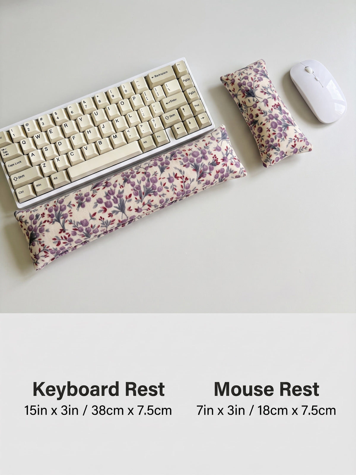 Lilac floral corduroy keyboard rest, 15 × 3 in, and mouse rest, 7 × 3 in, beside a keyboard and mouse
