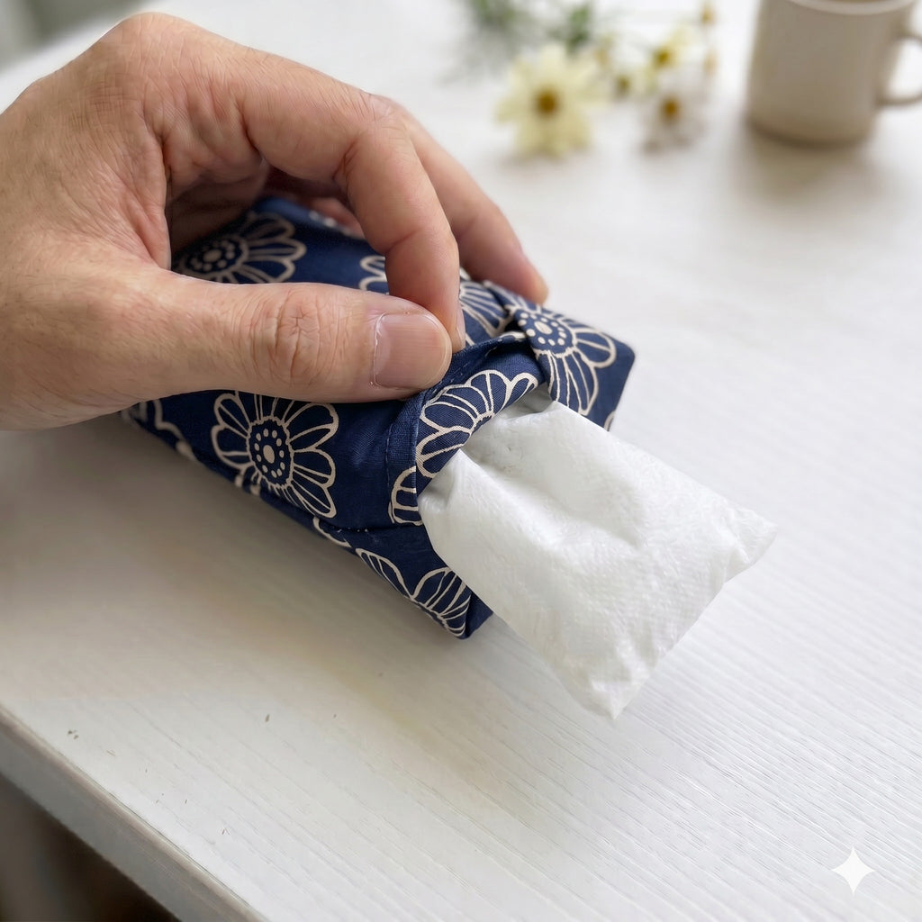 Hand sliding the white inner bag of buckwheat hulls out of the navy daisy cover