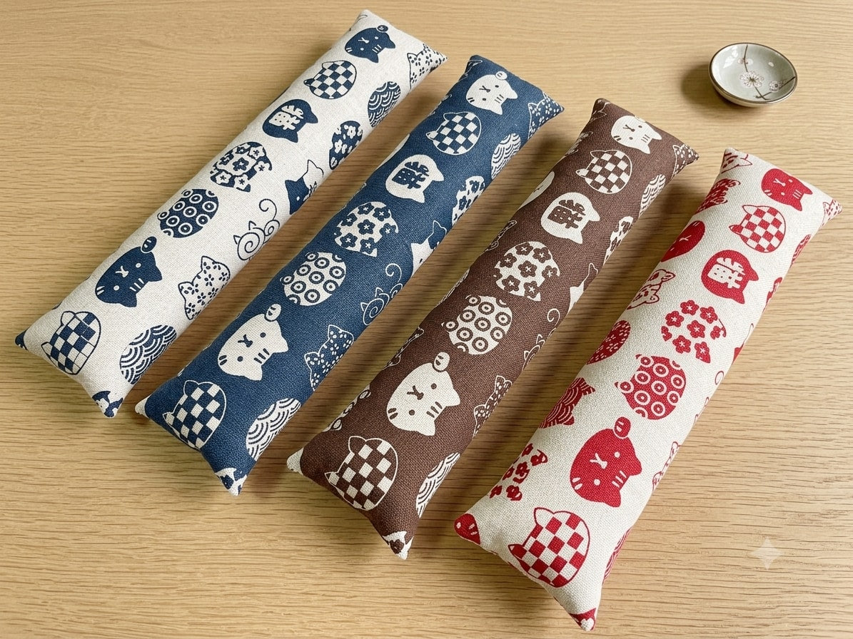 Four Maneki Neko keyboard wrist rests side by side in white, blue, brown and red
