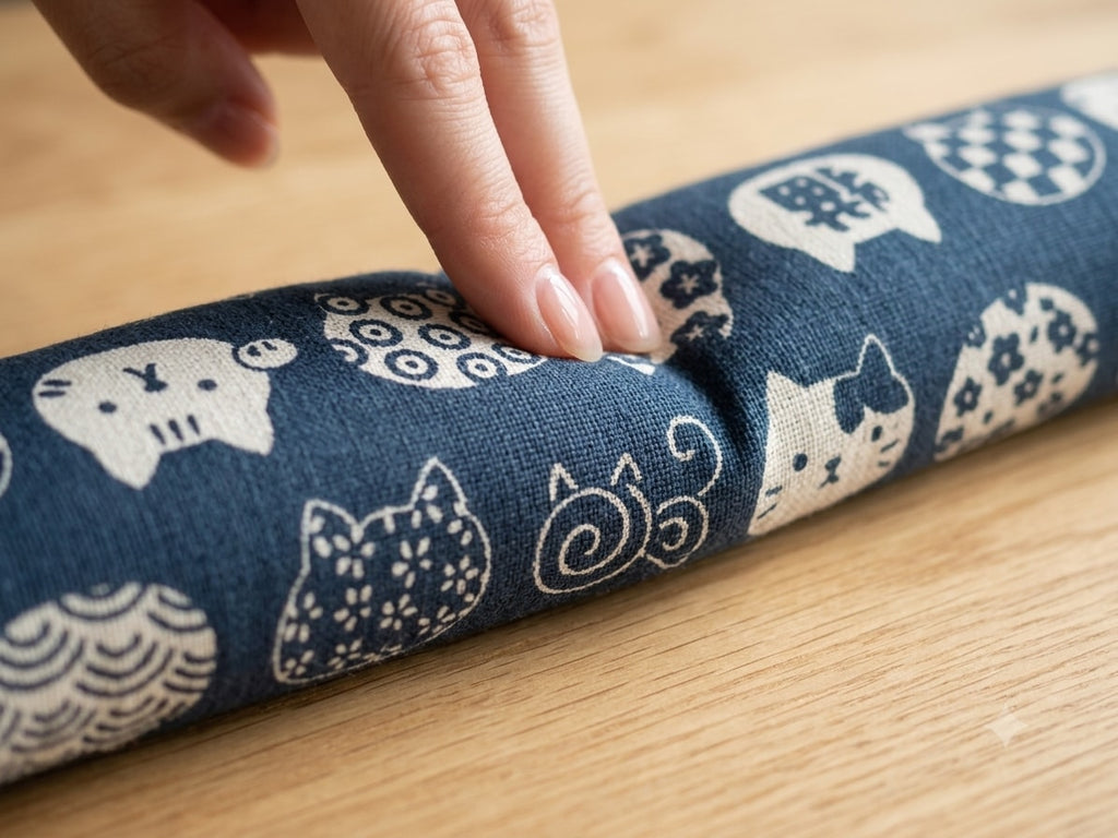 Fingers pressing into the buckwheat-filled cat wrist rest to show how it holds its shape