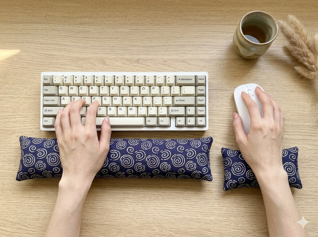 Hands on a keyboard and mouse resting on the blue spiral wrist rests