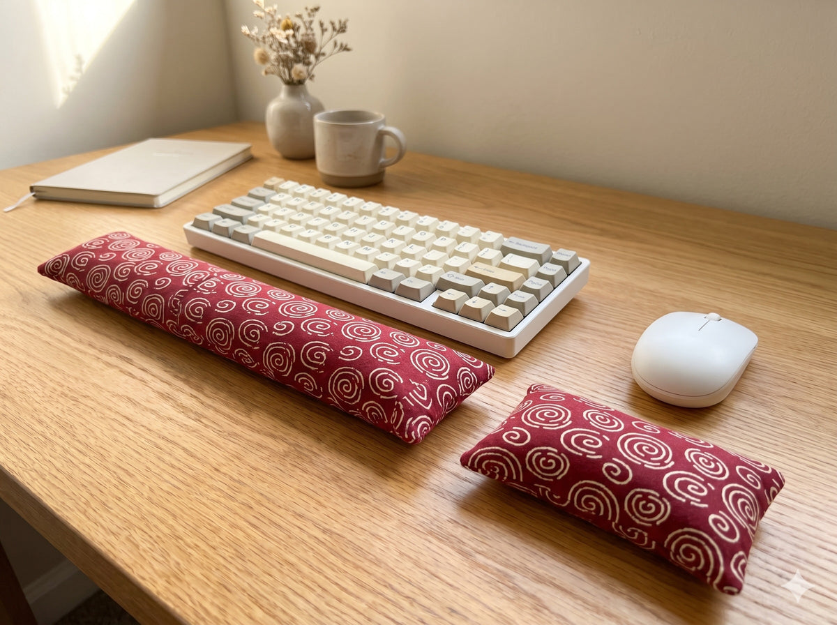 Red spiral wrist rest set in front of a keyboard on a light wood desk