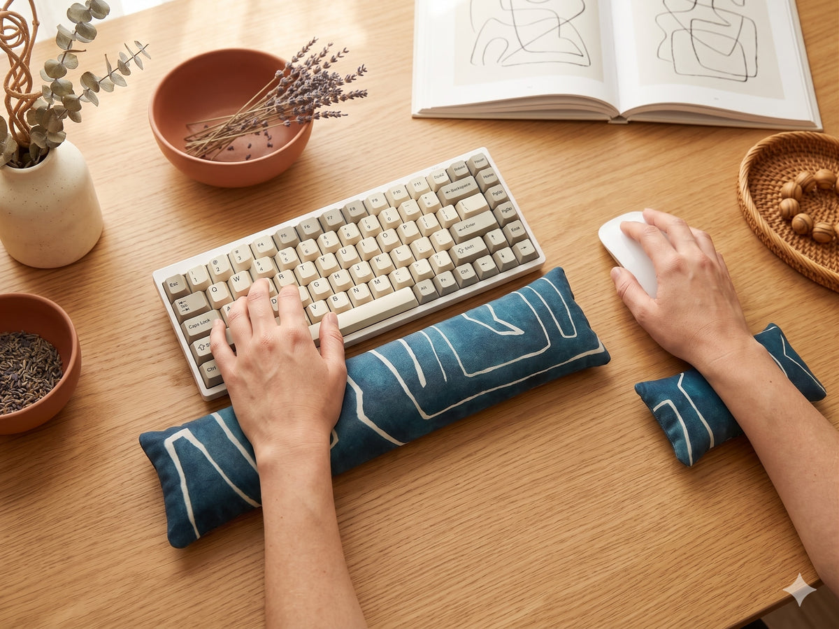 Hands on a keyboard and mouse resting on the blue mudcloth velvet wrist rests