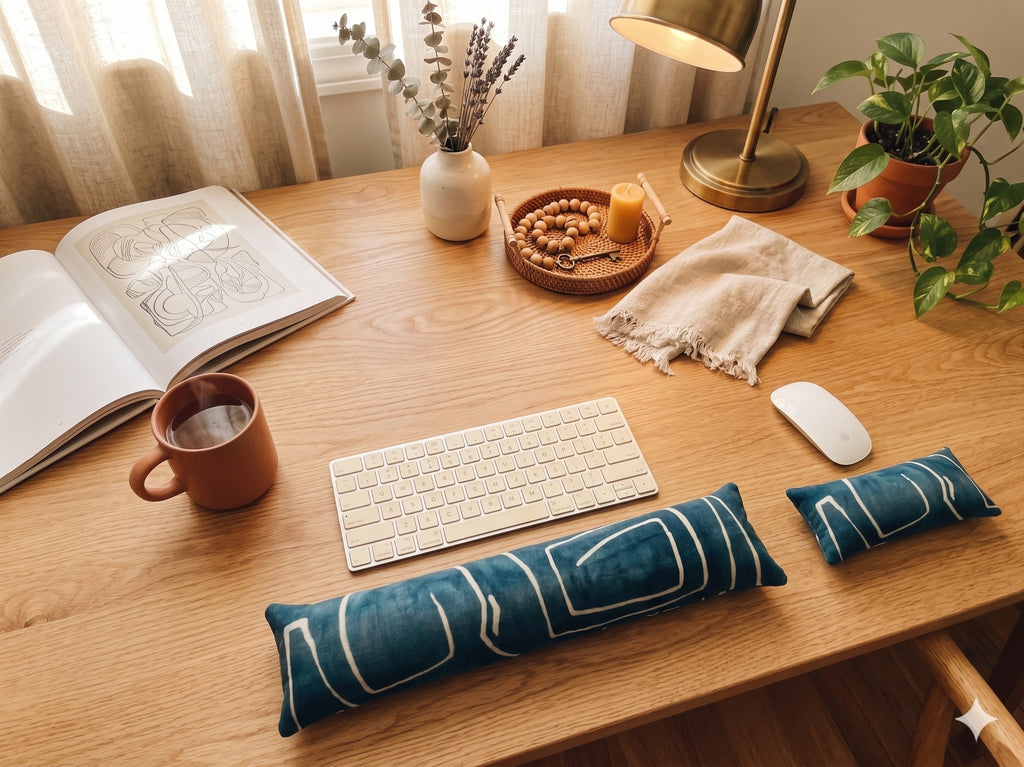 Blue mudcloth velvet wrist rest set in front of a keyboard on a sunny home office desk