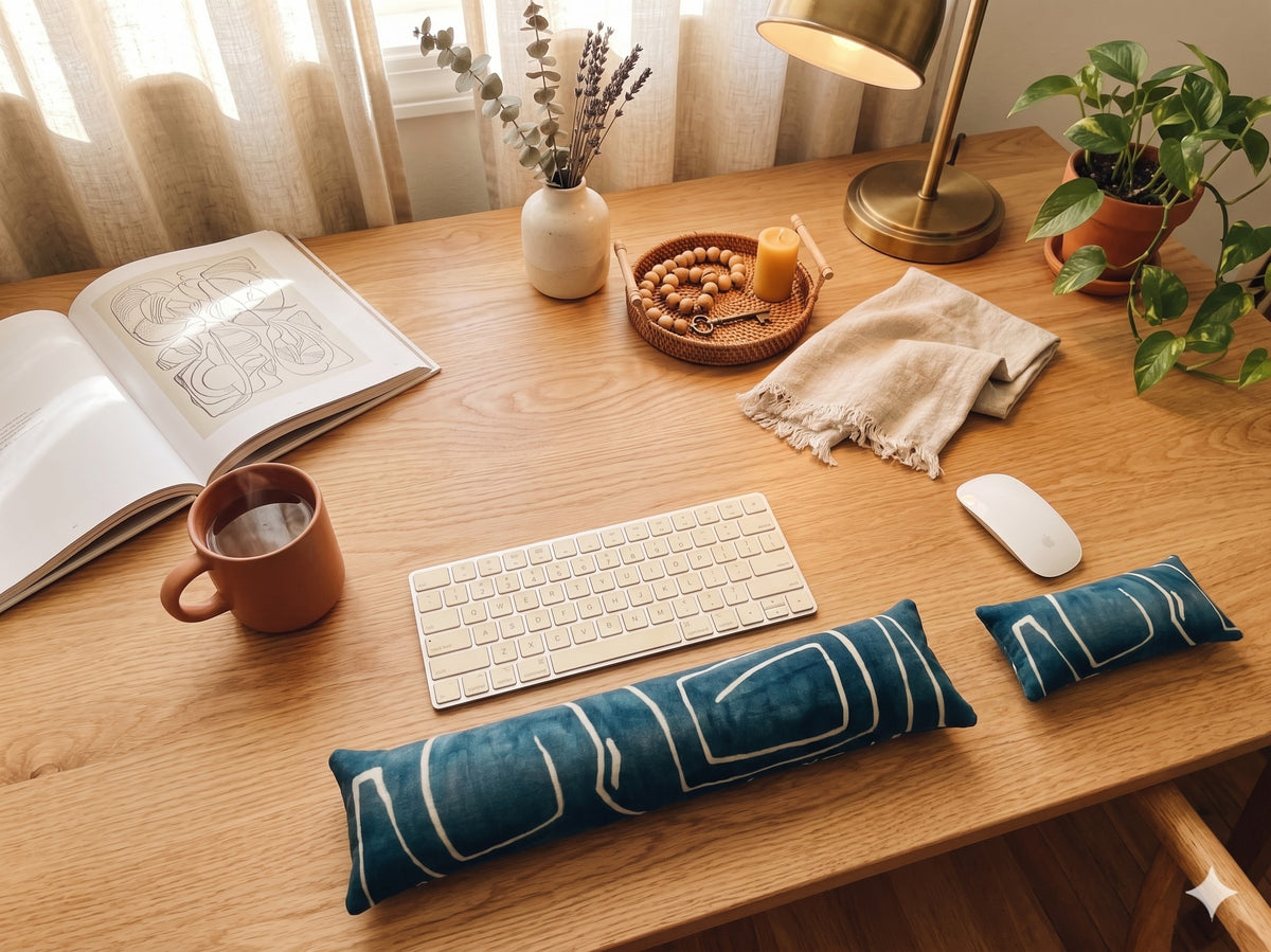 Blue mudcloth velvet wrist rest set in front of a keyboard on a sunny home office desk