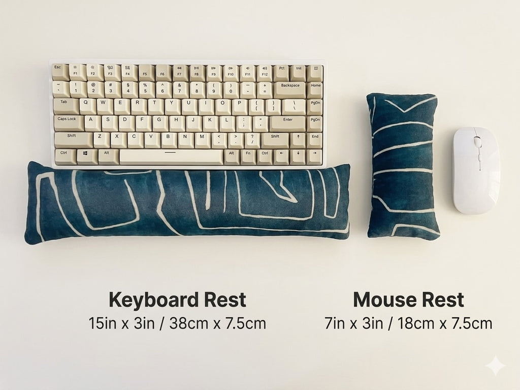 Blue mudcloth velvet keyboard rest, 15 × 3 in, and mouse rest, 7 × 3 in, beside a keyboard