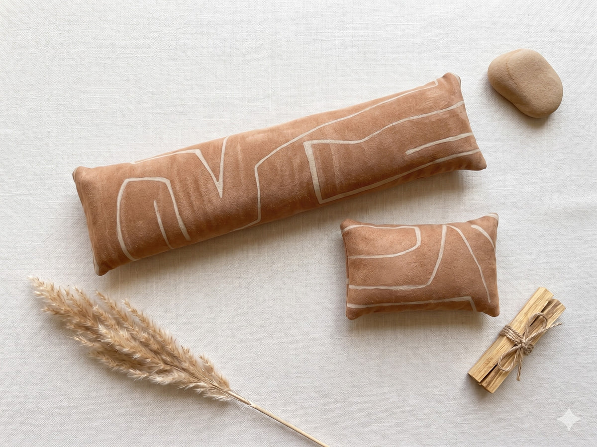 Camel mudcloth pillow velvet keyboard and mouse wrist rests with dried pampas grass