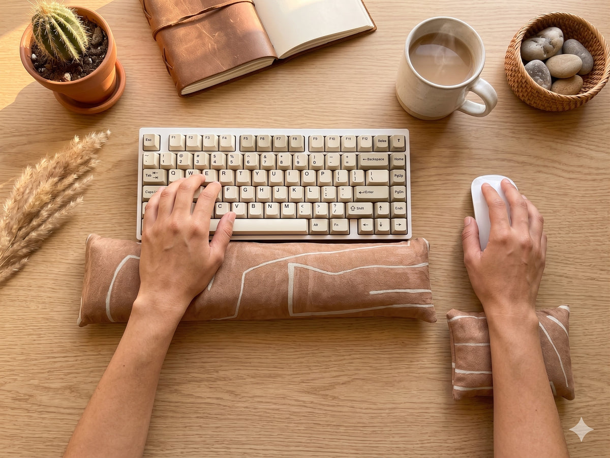 Hands on a keyboard and mouse resting on the camel mudcloth velvet wrist rests