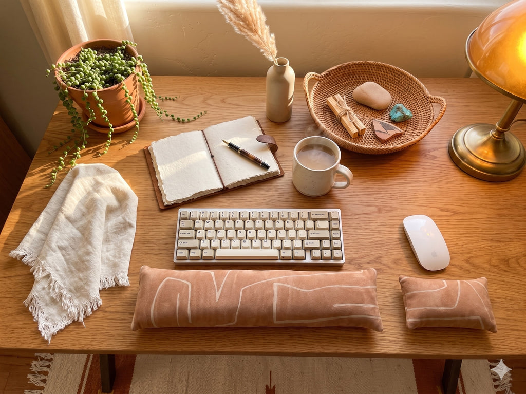 Camel mudcloth velvet wrist rest set on a wooden desk with a notebook, mug and plants