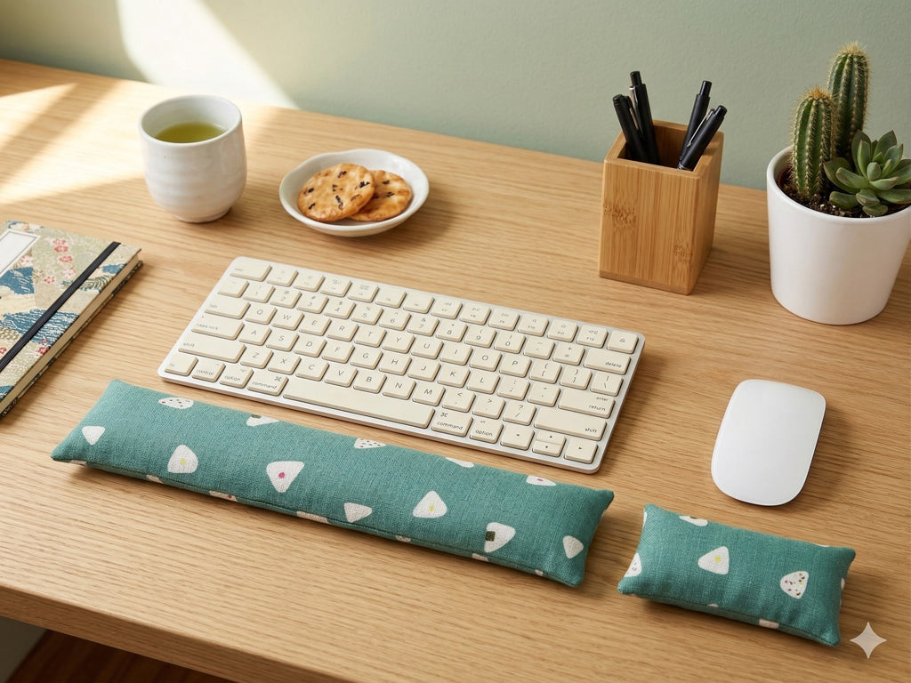 Teal onigiri print keyboard and mouse wrist rests in front of a white keyboard on a wooden desk