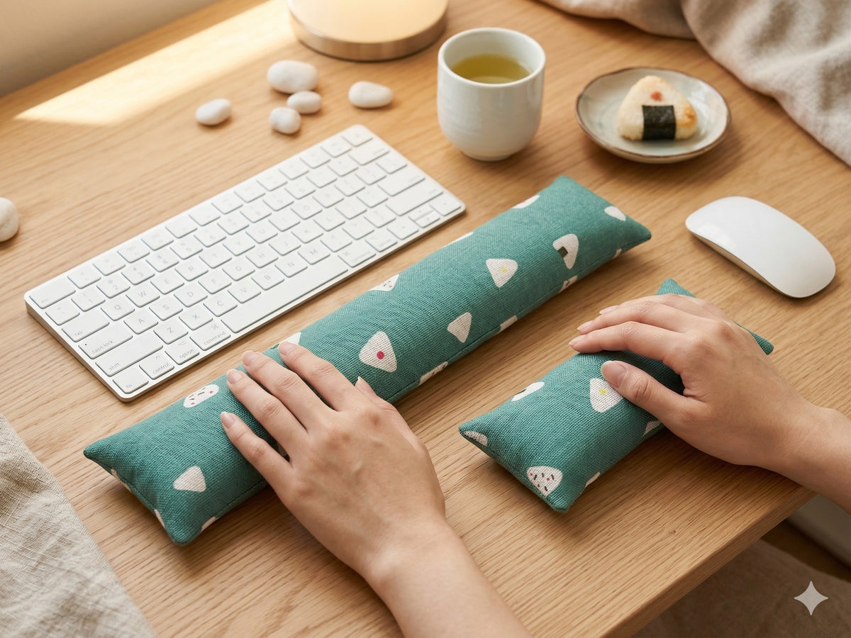 Hands on a keyboard and mouse resting on the teal onigiri wrist rests