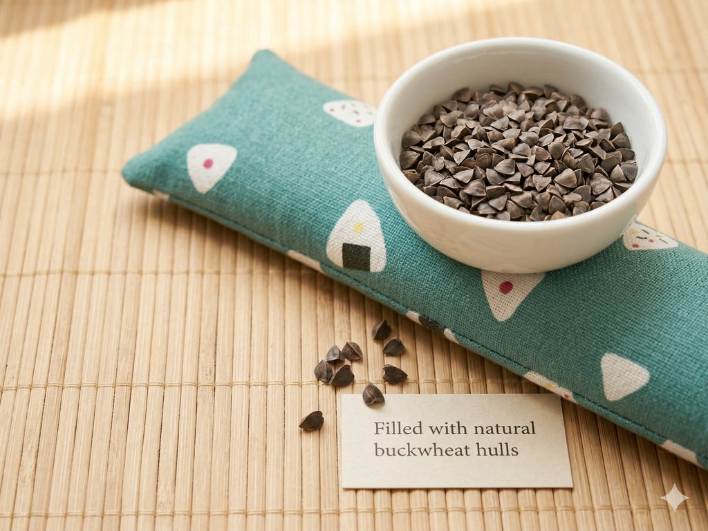Onigiri wrist rest with a bowl of buckwheat hulls and a card that reads filled with natural buckwheat hulls