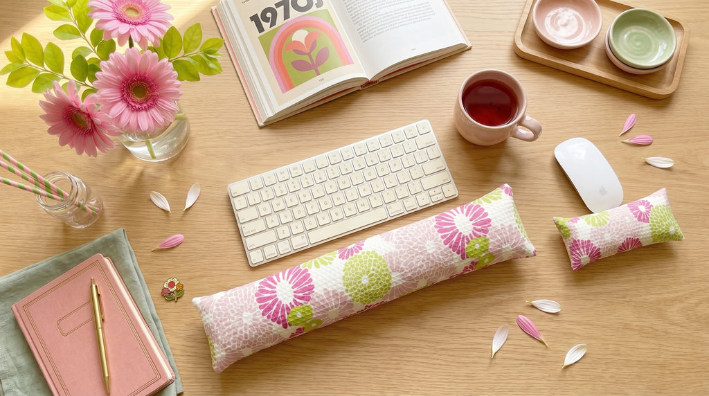 Pink floral keyboard and mouse wrist rests with a keyboard, pink flowers and tea on a wooden desk