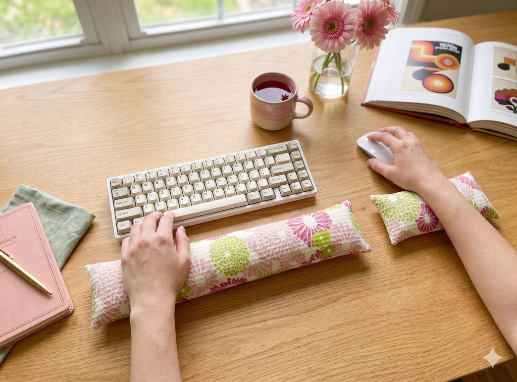 Hands on a keyboard and mouse resting on the pink floral wrist rests