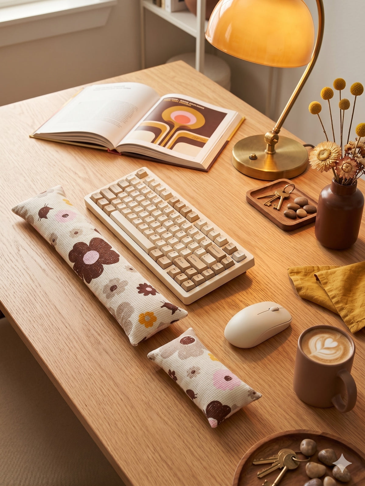 Mocha retro floral cat wrist rests around a keyboard on a sunny, 70s-style desk
