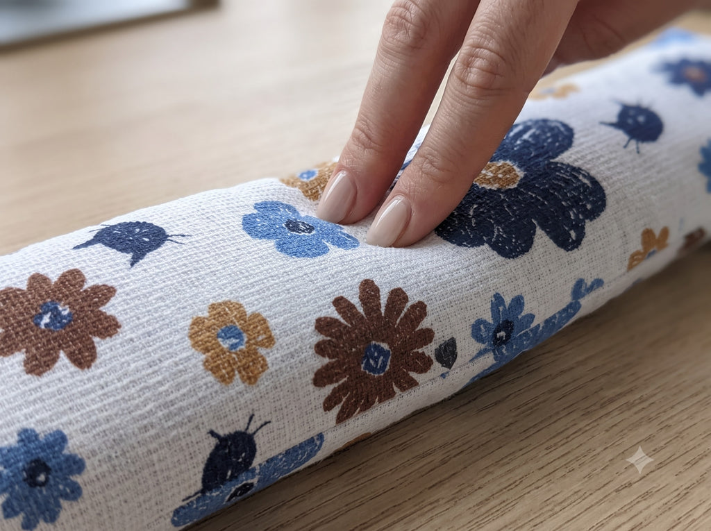 Close-up of the blue and brown flowers with little cats peeking out between them