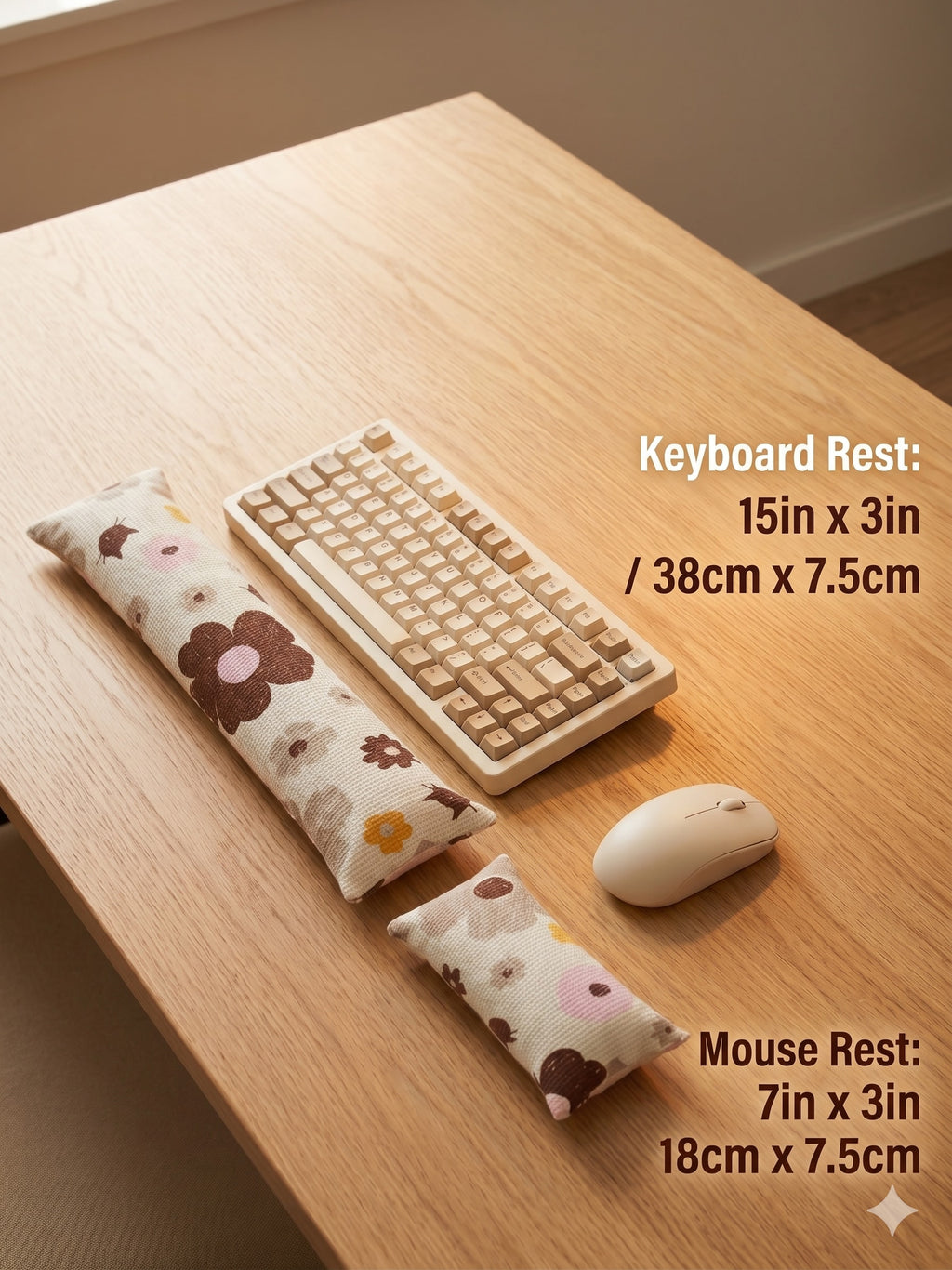 Mocha retro floral cat keyboard rest, 15 × 3 in, and mouse rest, 7 × 3 in, beside a keyboard and mouse