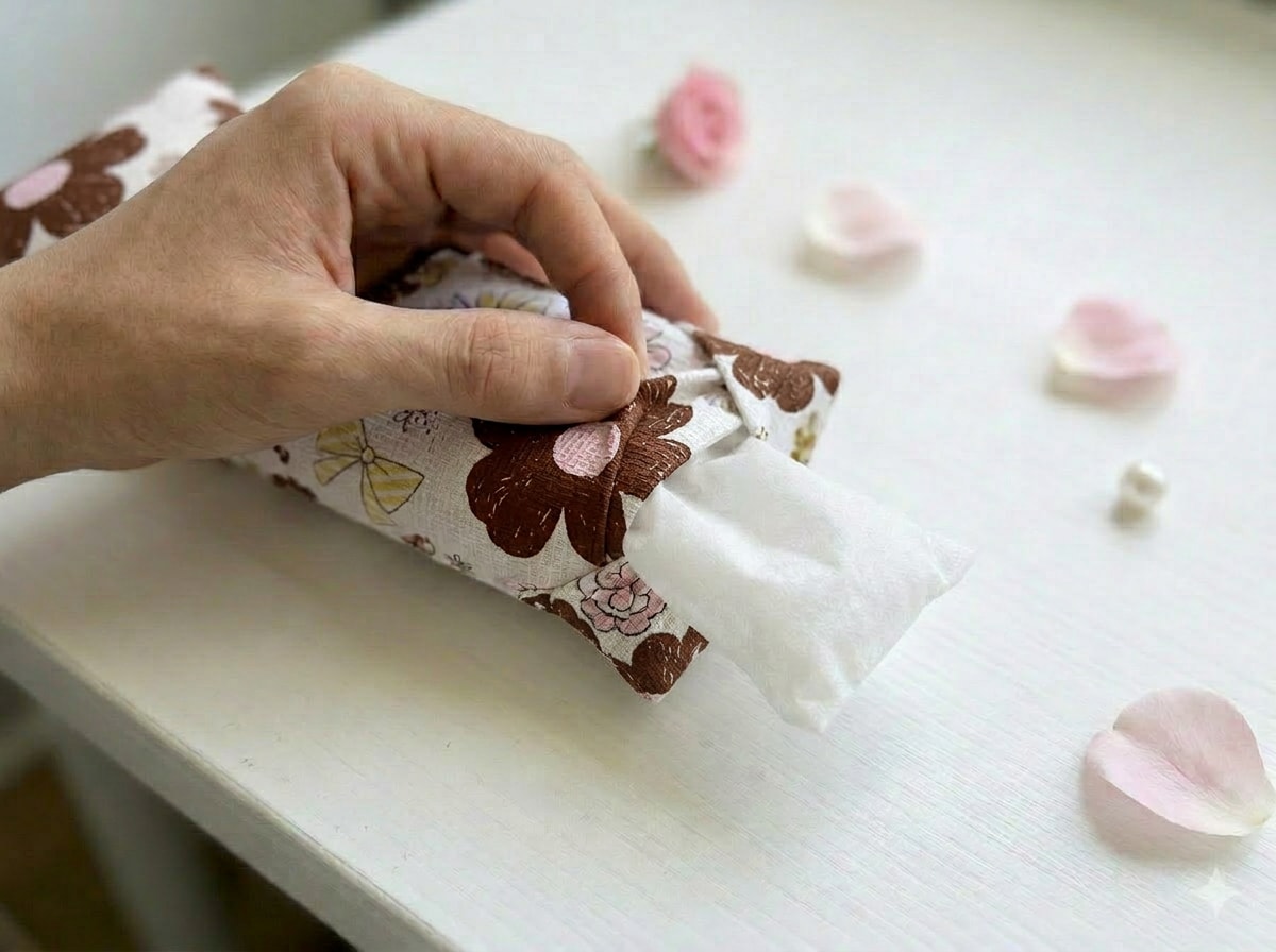 Hand sliding the white inner bag of buckwheat hulls out of the mocha floral cover