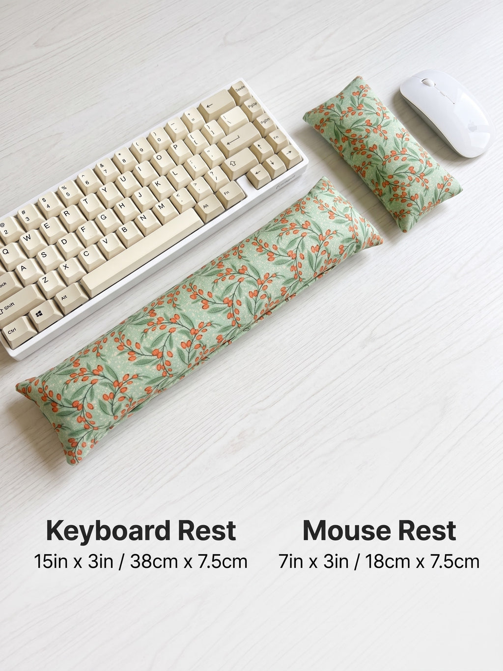 Sage berry keyboard rest, 15 × 3 in, and mouse rest, 7 × 3 in, beside a keyboard and mouse