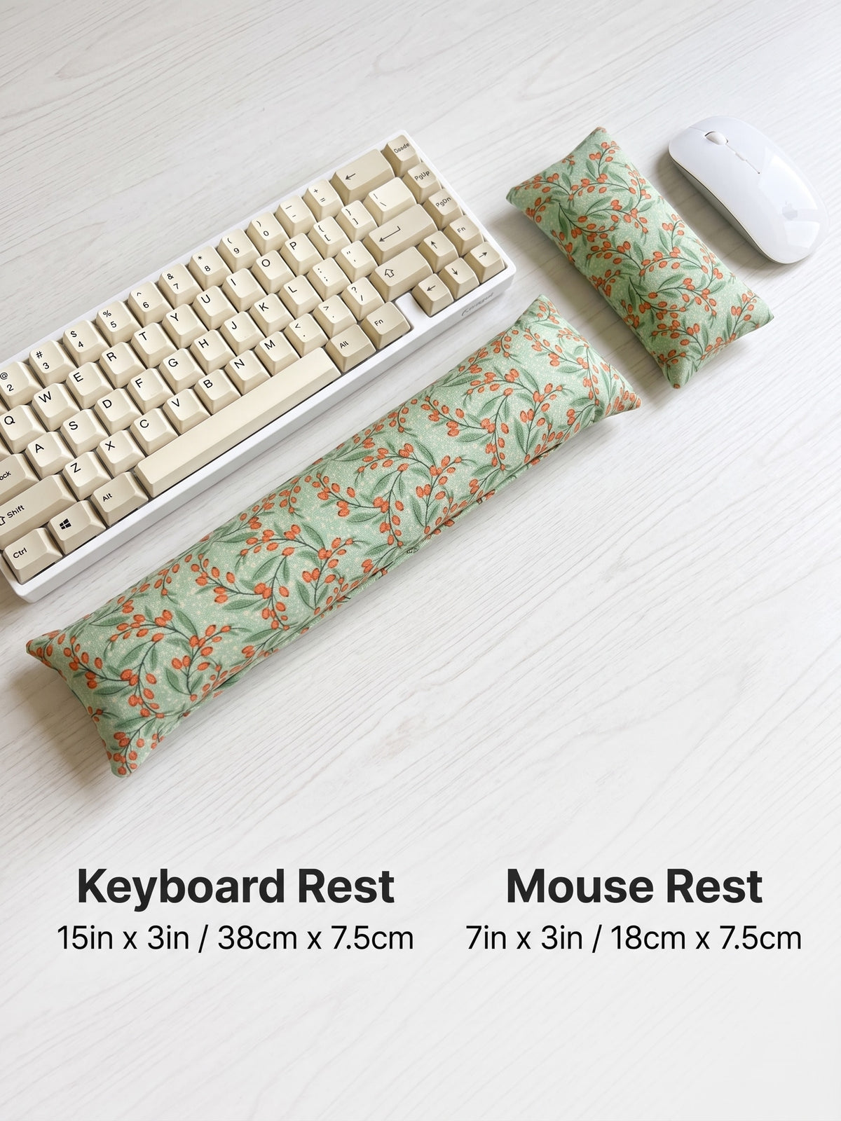 Sage berry keyboard rest, 15 × 3 in, and mouse rest, 7 × 3 in, beside a keyboard and mouse