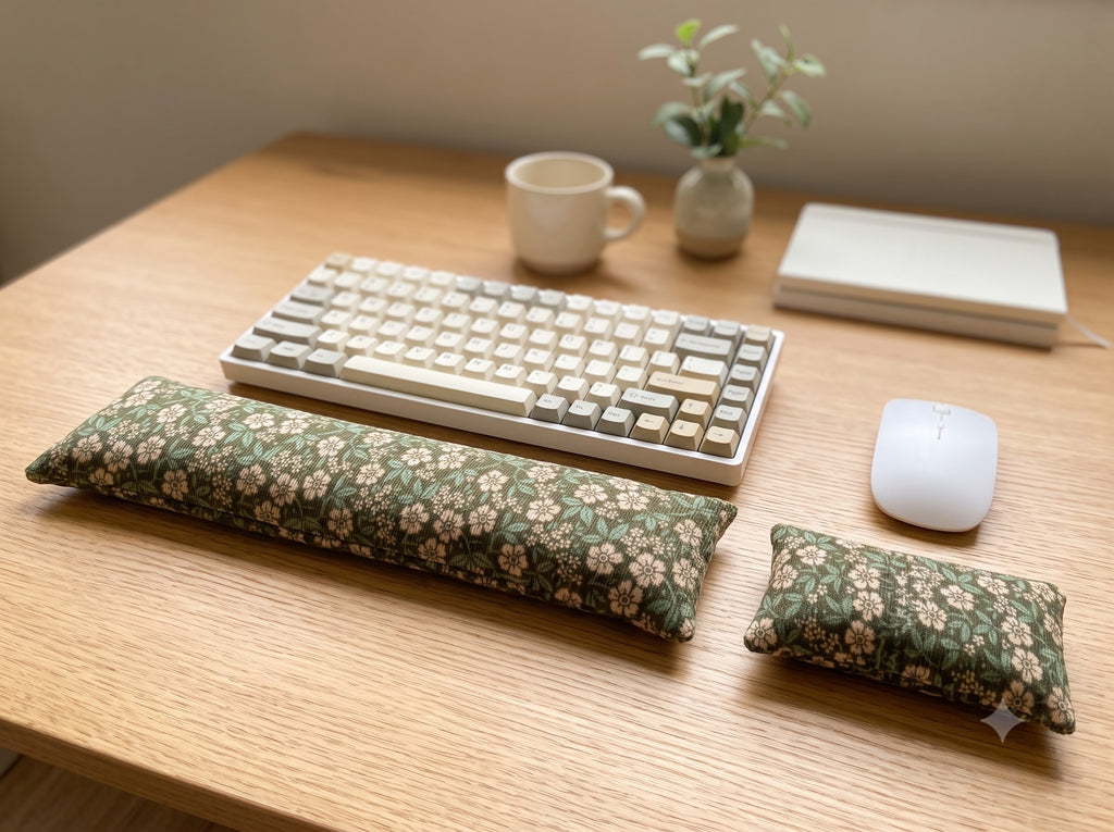 Sage floral corduroy keyboard and mouse wrist rests in front of a keyboard on a wooden desk