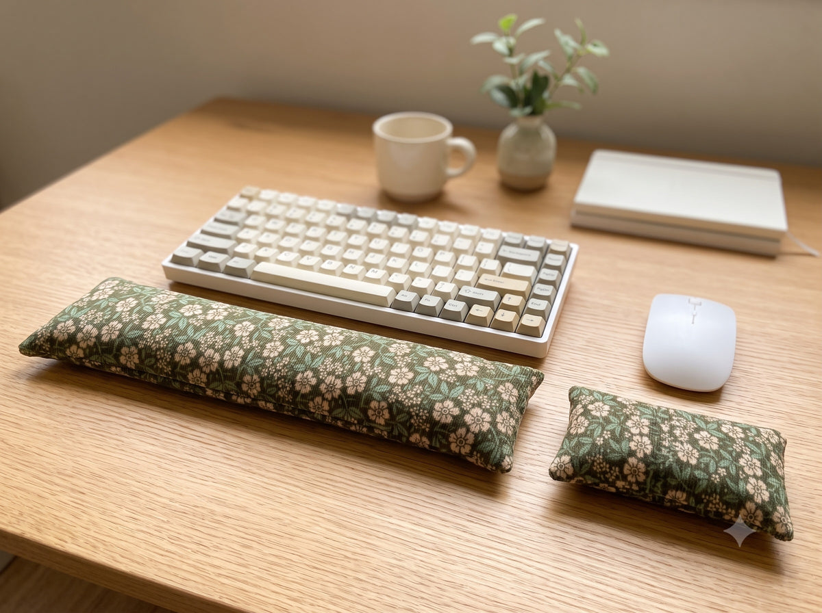 Sage floral corduroy keyboard and mouse wrist rests in front of a keyboard on a wooden desk