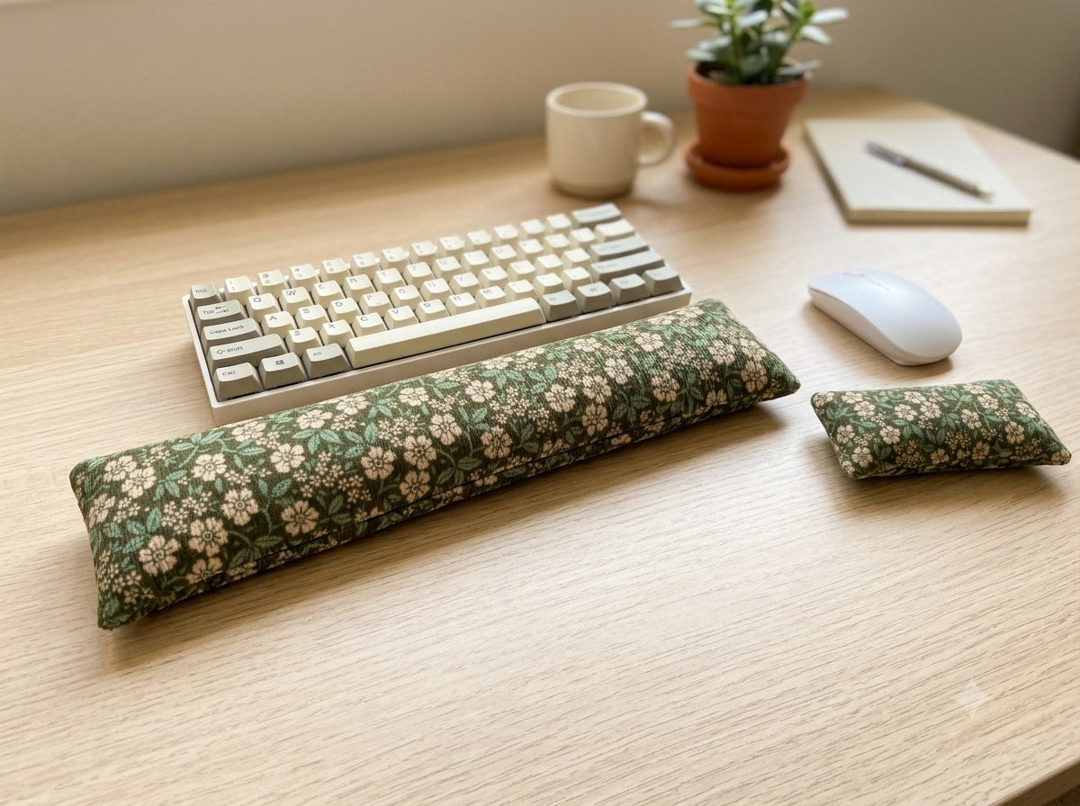 Sage floral corduroy wrist rest set on a home office desk with a plant and notebook
