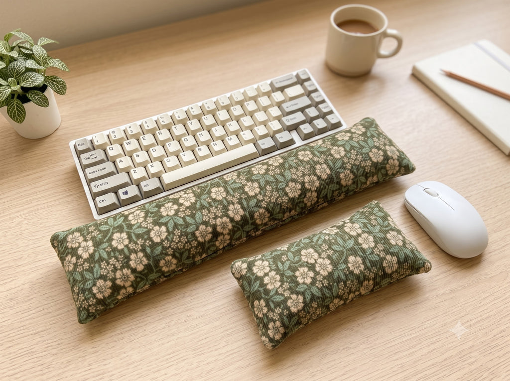 Sage floral corduroy wrist rest set with a keyboard, mouse and coffee mug