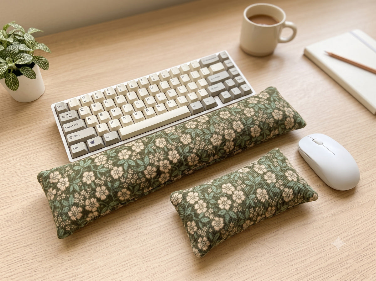 Sage floral corduroy wrist rest set with a keyboard, mouse and coffee mug