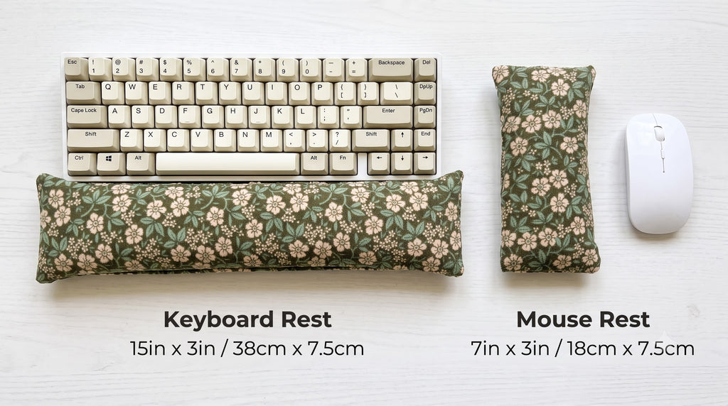 Sage floral corduroy keyboard rest, 15 × 3 in, and mouse rest, 7 × 3 in, beside a keyboard