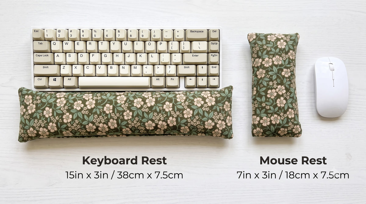 Sage floral corduroy keyboard rest, 15 × 3 in, and mouse rest, 7 × 3 in, beside a keyboard