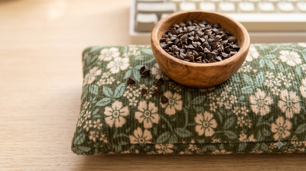 Sage floral corduroy wrist rest with a bowl of the buckwheat hulls used as filling