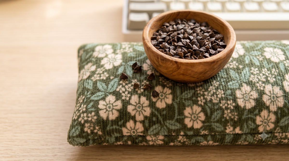 Sage floral corduroy wrist rest with a bowl of the buckwheat hulls used as filling