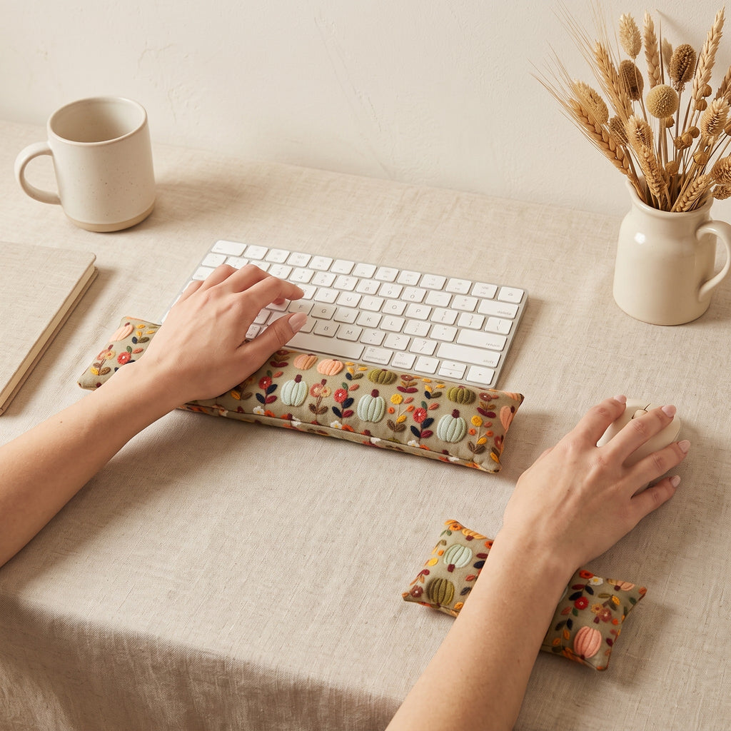 Hands on a keyboard and mouse resting on the sage pumpkin floral wrist rests
