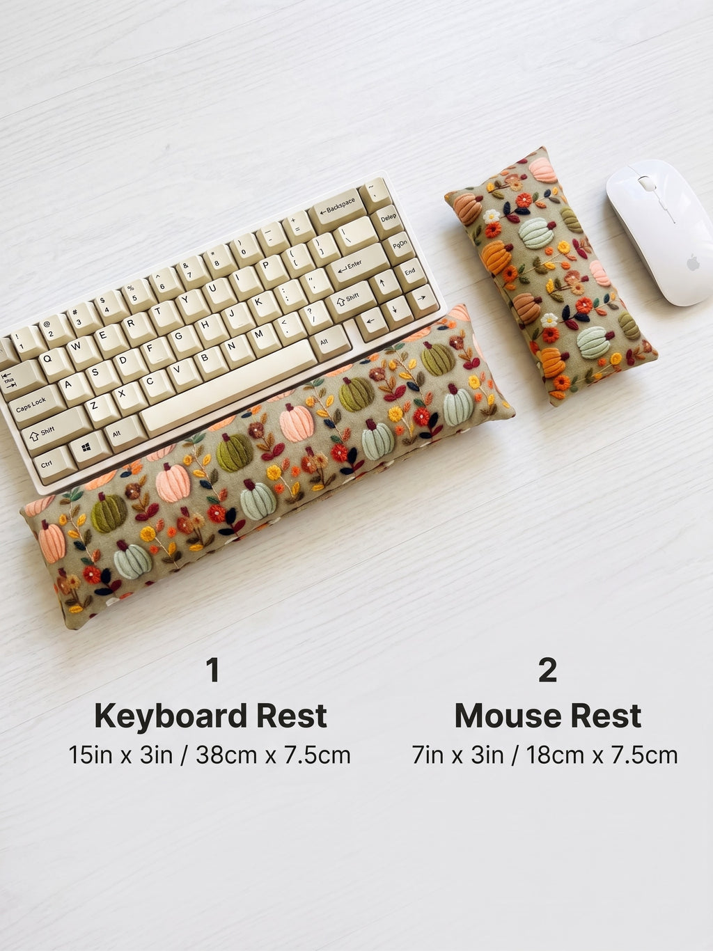 Sage pumpkin floral keyboard rest, 15 × 3 in, and mouse rest, 7 × 3 in, beside a keyboard and mouse