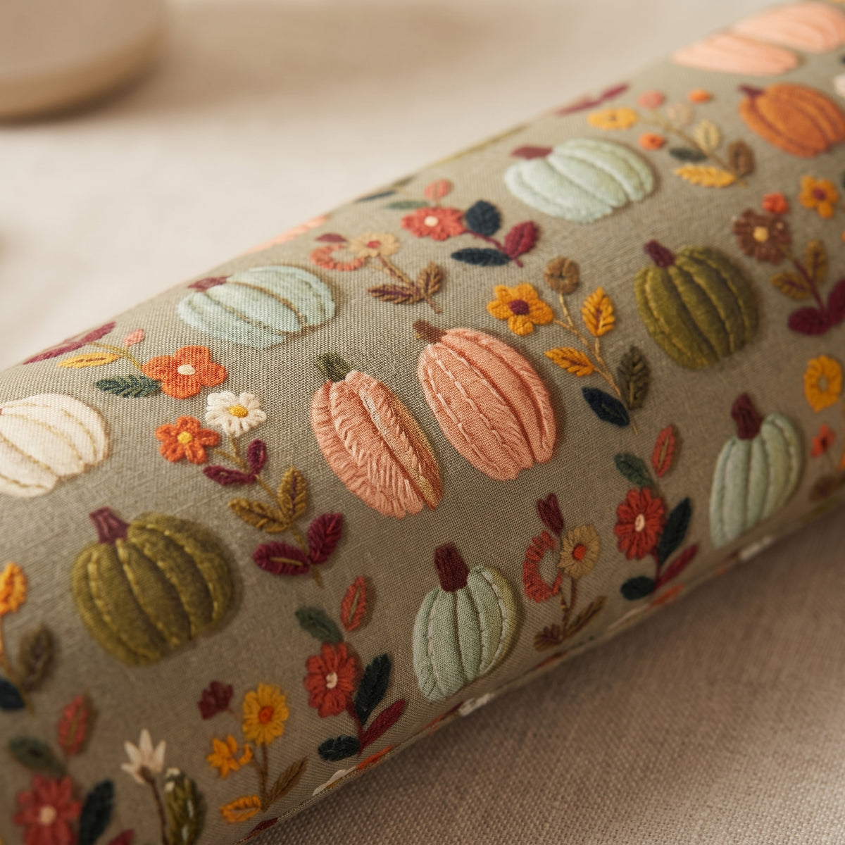 Close-up of sage, cream and orange pumpkins among tiny flowers on olive-gray cotton