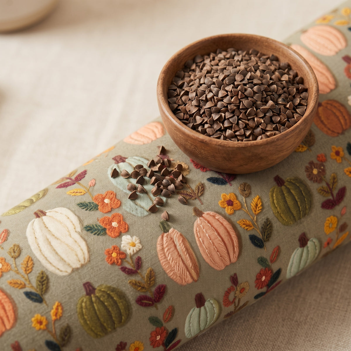 Sage pumpkin floral wrist rest with a bowl of the buckwheat hulls used as filling