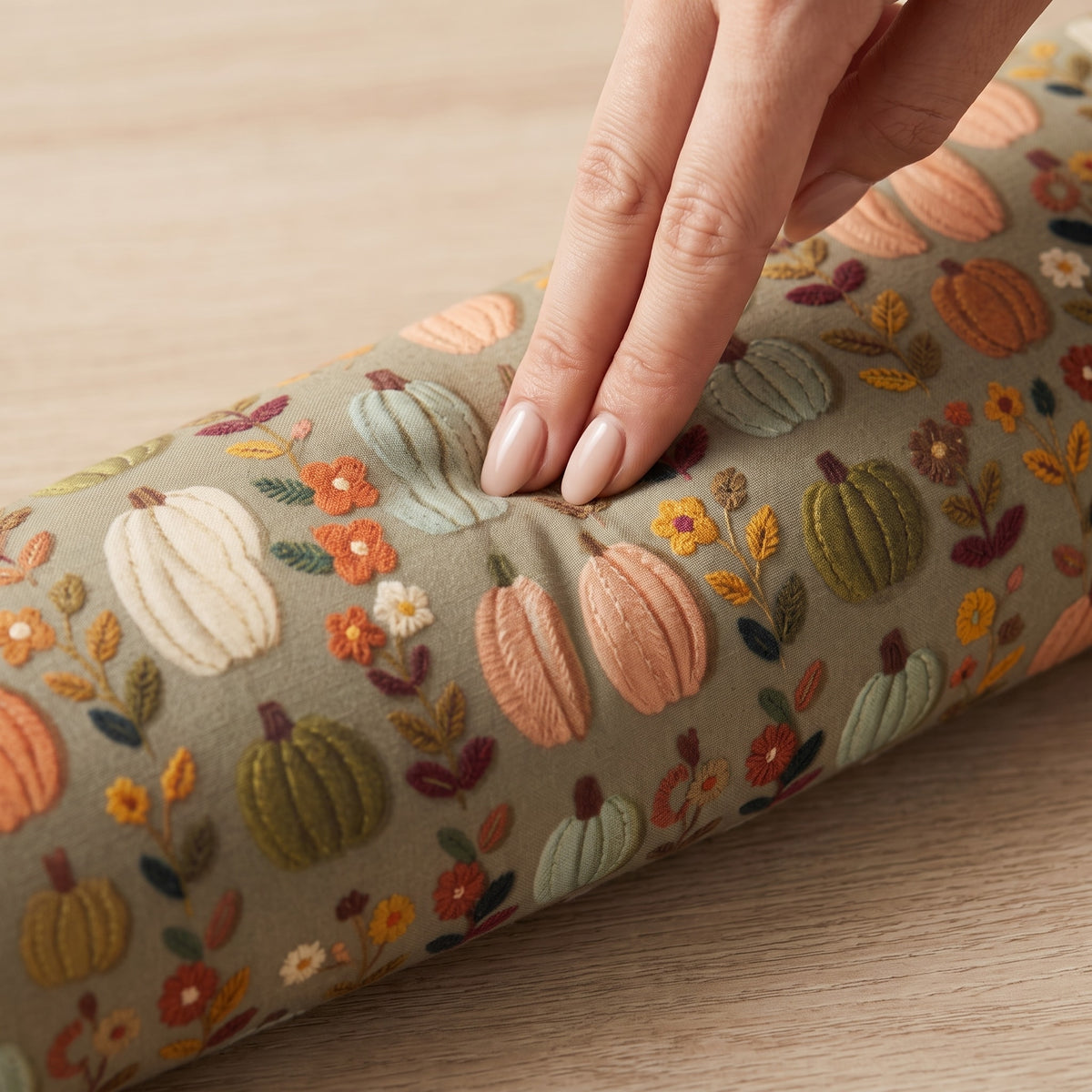 Fingers pressing into the sage pumpkin floral wrist rest to show the buckwheat filling