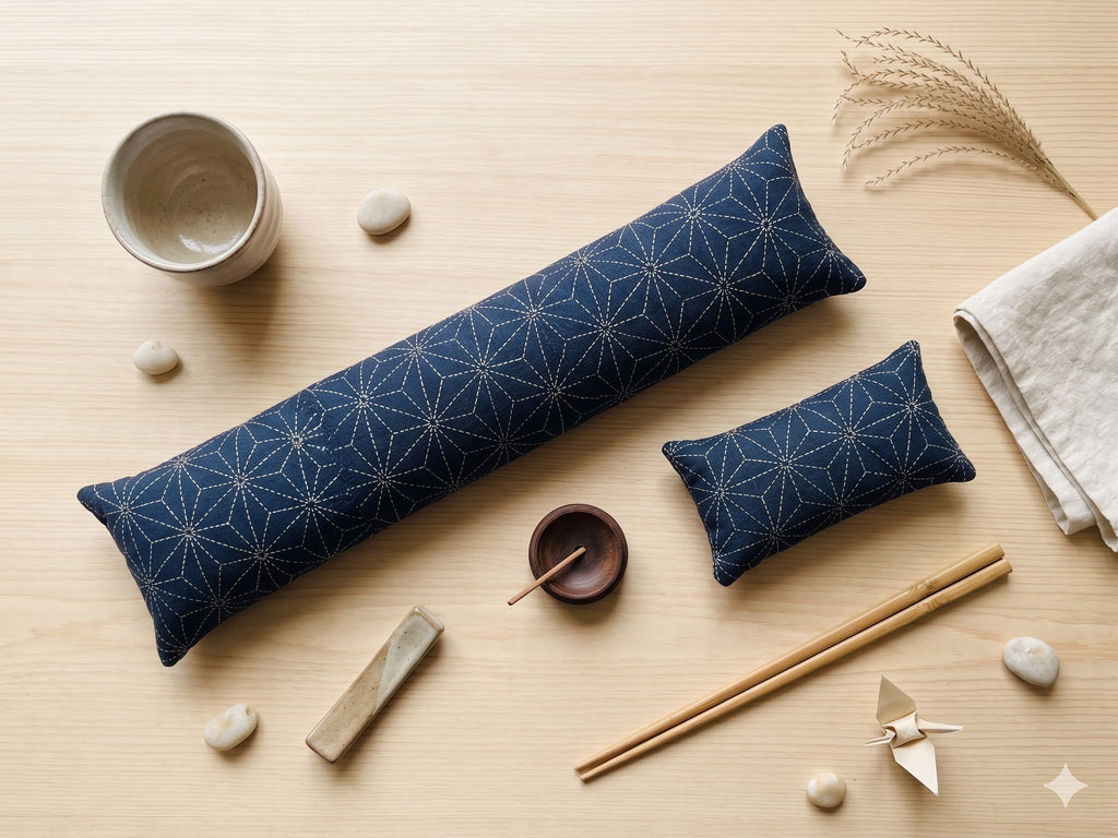 The two pieces of the indigo sashiko asanoha set, a keyboard wrist rest and a mouse wrist rest