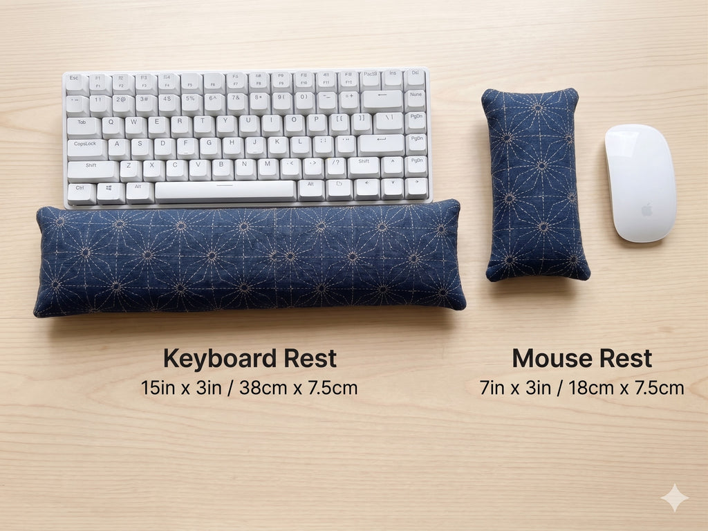 Sashiko asanoha keyboard rest, 15 × 3 in, and mouse rest, 7 × 3 in, beside a keyboard