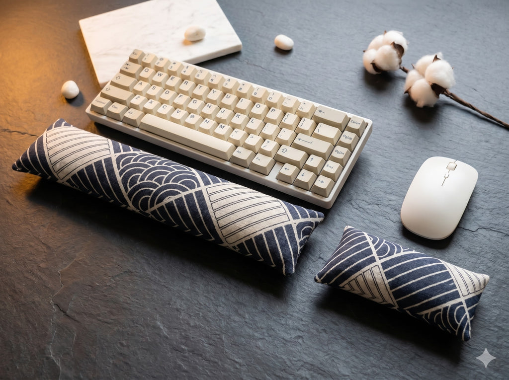 Indigo boro patchwork keyboard and mouse wrist rests in front of a keyboard on dark slate