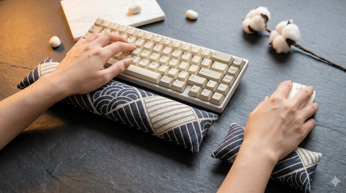 Hand typing on a keyboard above the indigo patchwork wrist rest on a dark desk