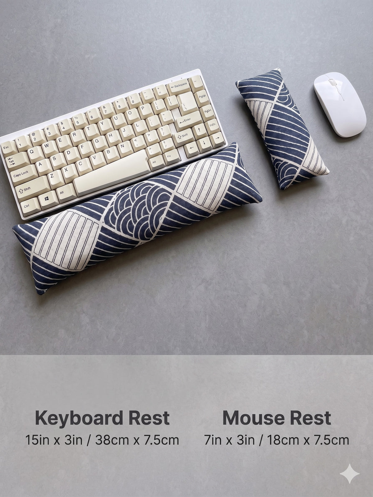 Sashiko boro keyboard rest and mouse rest beside a keyboard and mouse on gray slate
