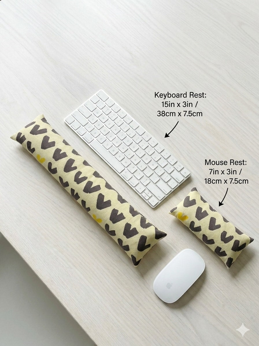 Scandi abstract keyboard rest, 15 × 3 in, and mouse rest, 7 × 3 in, beside a keyboard and mouse