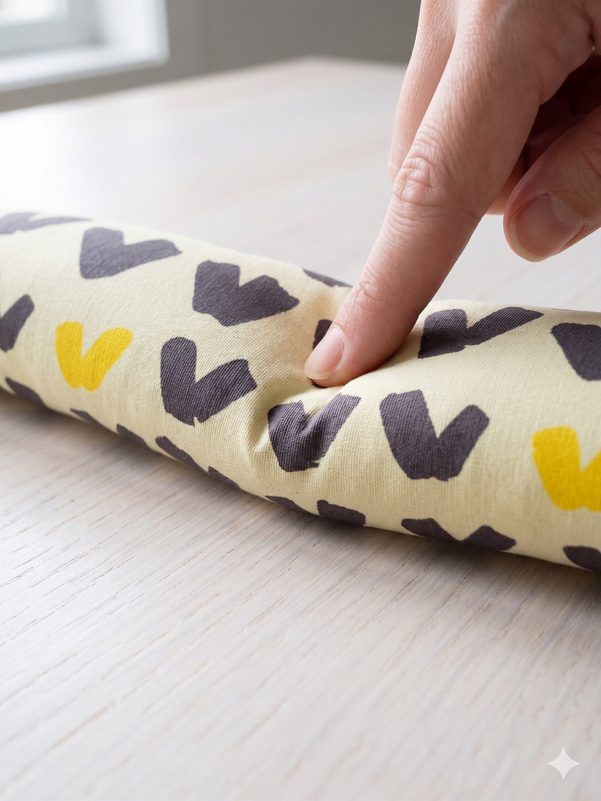 Fingers pressing into the scandi abstract wrist rest to show the buckwheat filling